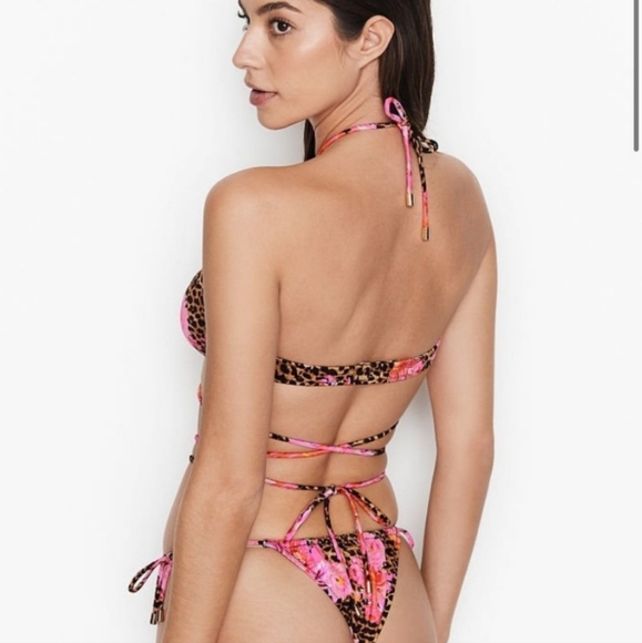 Victoria's Secret Triangle Tie Wrap Bikini Top Leopard Flower Sz L NWT - Picture 3 of 5